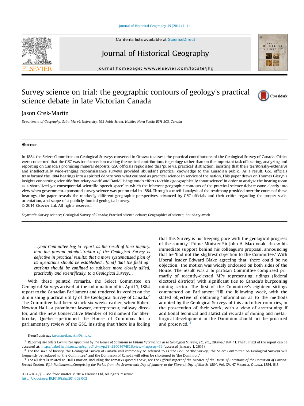 Survey science on trial: the geographic contours of geology's practical science debate in late Victorian Canada