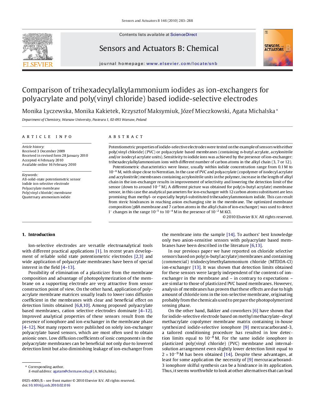 Comparison of trihexadecylalkylammonium iodides as ion-exchangers for polyacrylate and poly(vinyl chloride) based iodide-selective electrodes