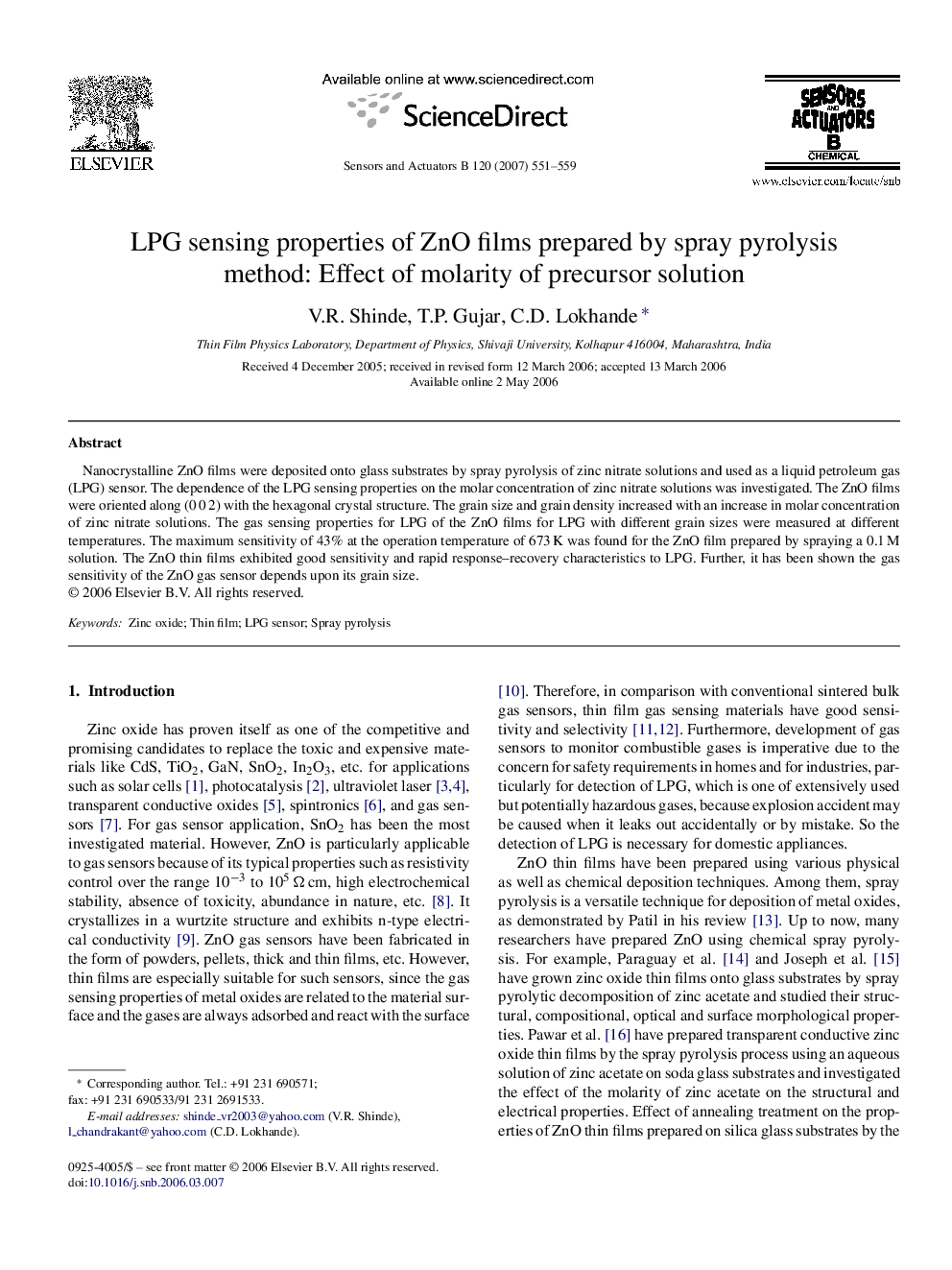 LPG sensing properties of ZnO films prepared by spray pyrolysis method: Effect of molarity of precursor solution