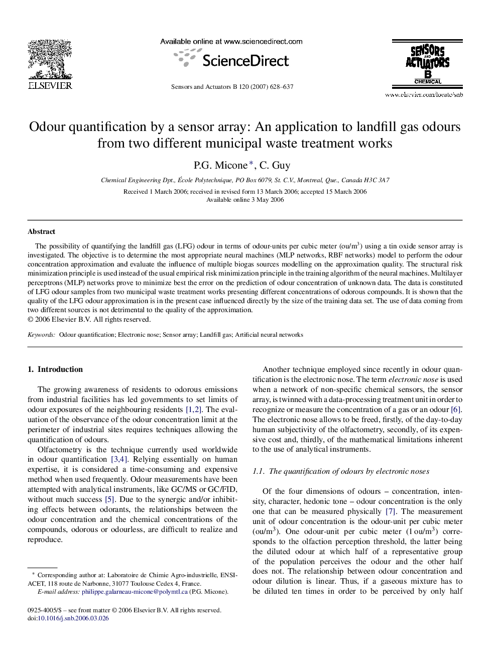 Odour quantification by a sensor array: An application to landfill gas odours from two different municipal waste treatment works