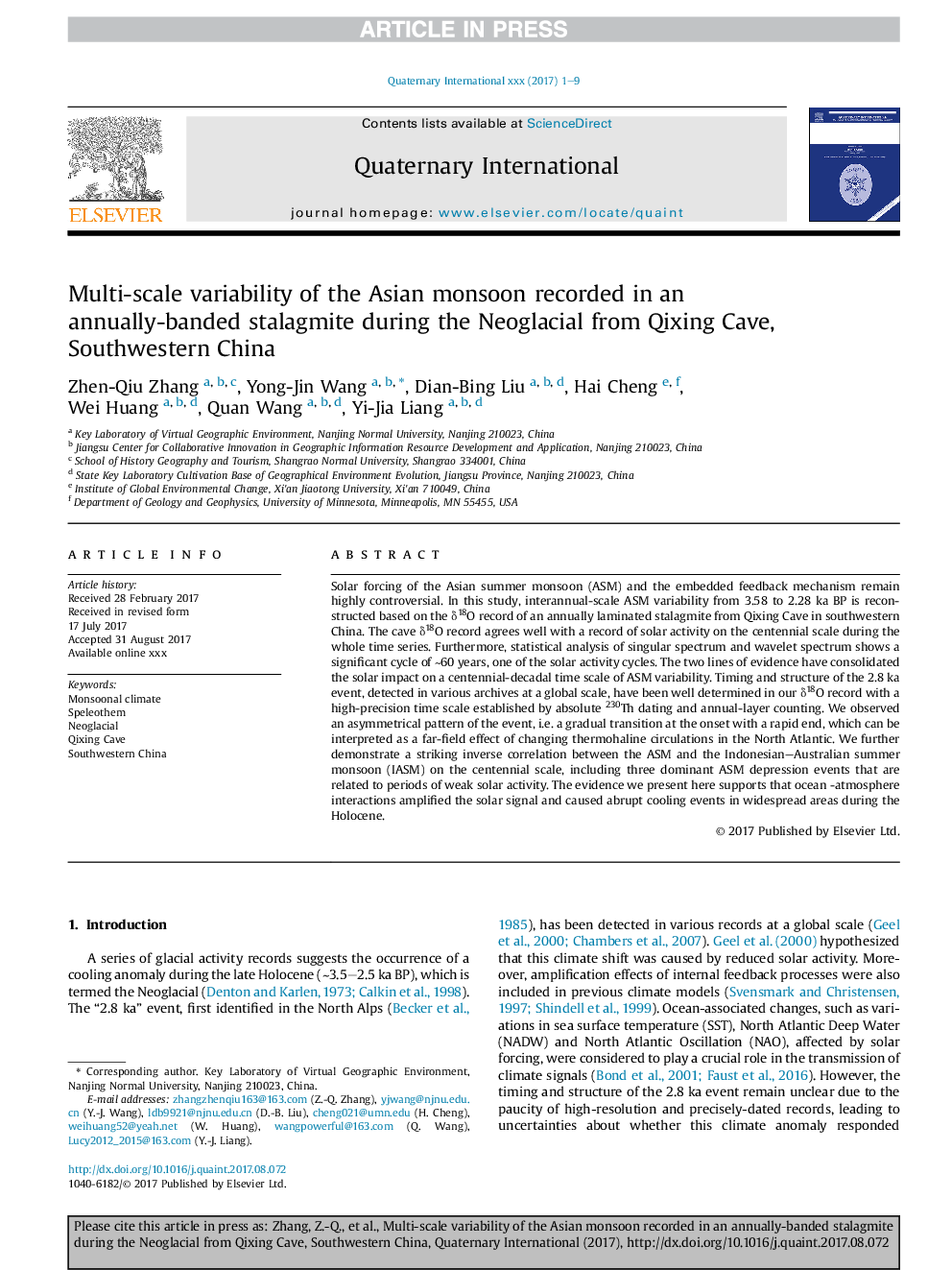 Multi-scale variability of the Asian monsoon recorded in an annually-banded stalagmite during the Neoglacial from Qixing Cave, Southwestern China