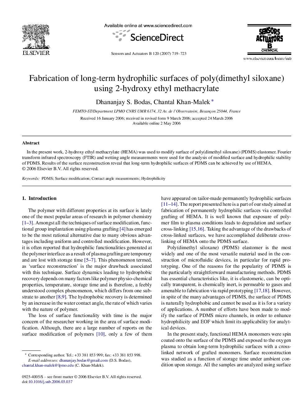 Fabrication of long-term hydrophilic surfaces of poly(dimethyl siloxane) using 2-hydroxy ethyl methacrylate