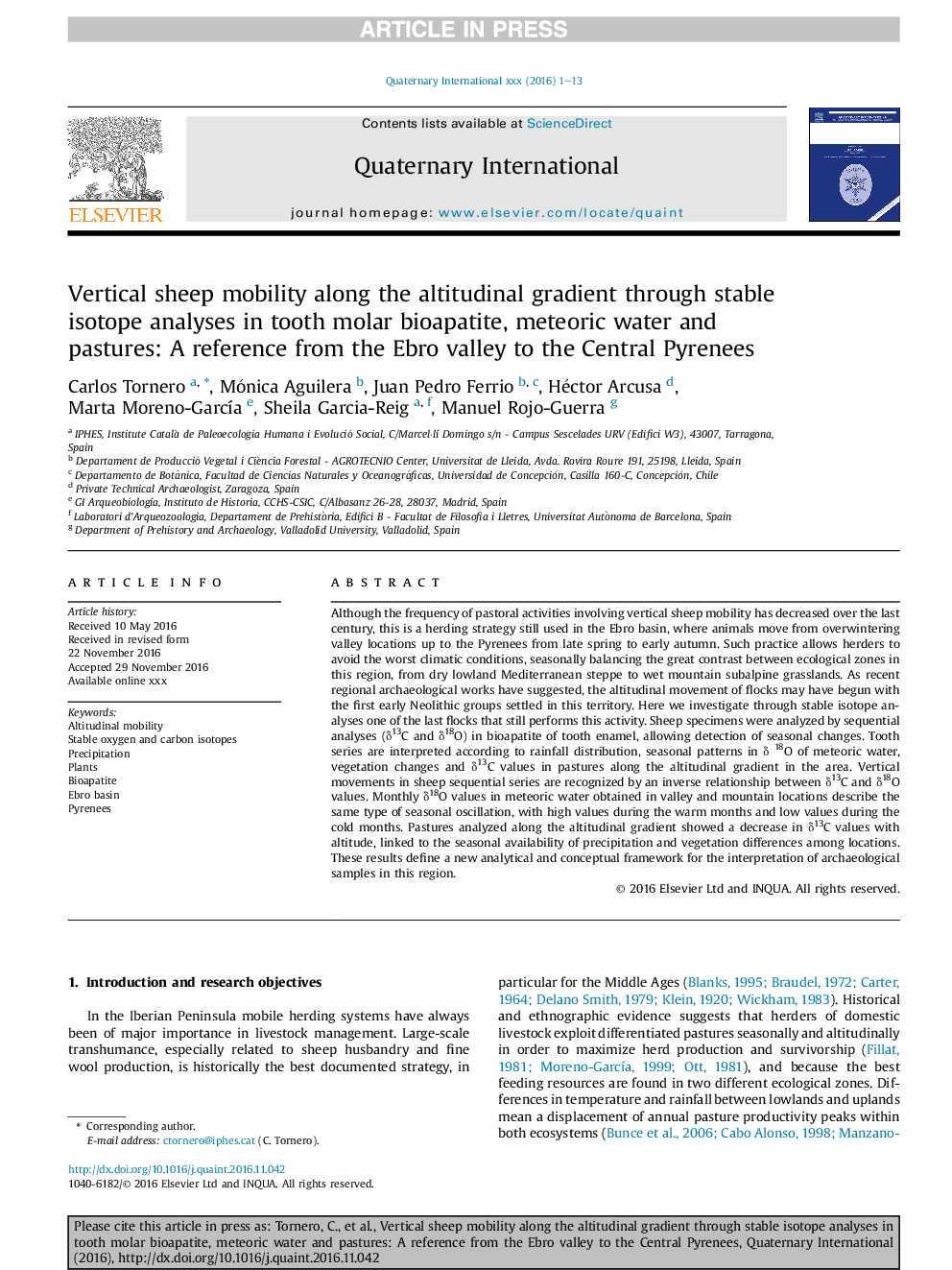 Vertical sheep mobility along the altitudinal gradient through stable isotope analyses in tooth molar bioapatite, meteoric water and pastures: A reference from the Ebro valley to the Central Pyrenees