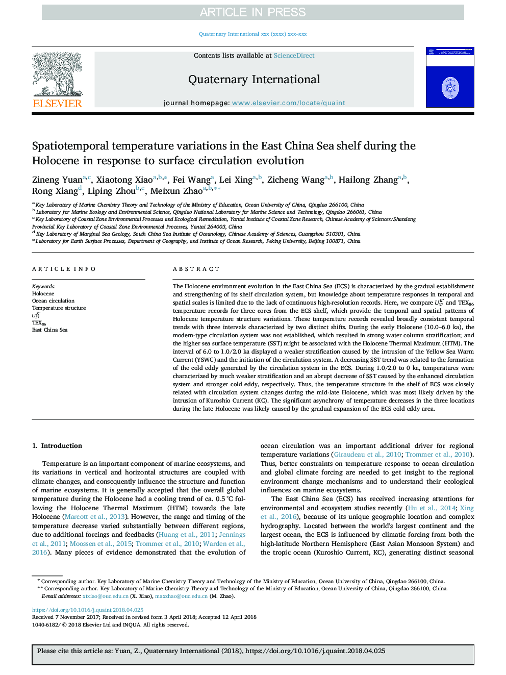 Spatiotemporal temperature variations in the East China Sea shelf during the Holocene in response to surface circulation evolution