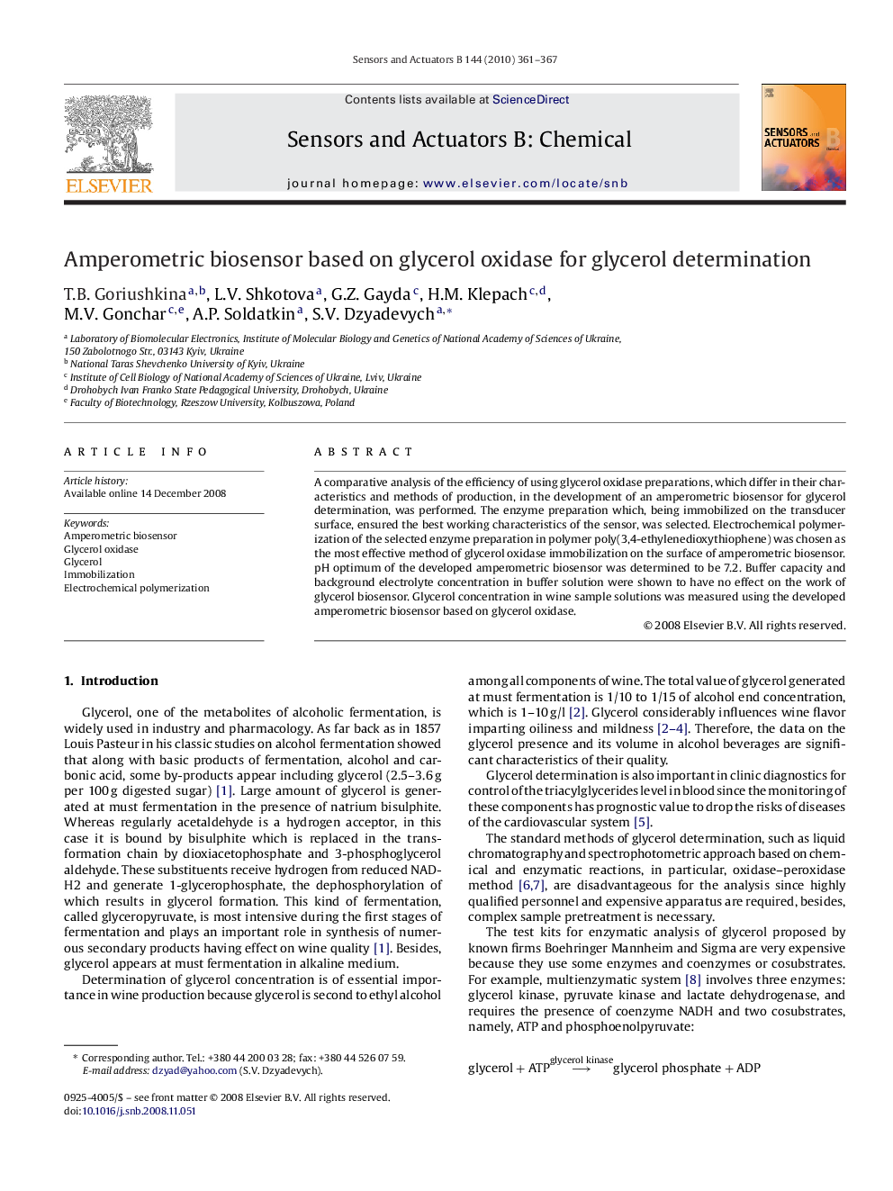 Amperometric biosensor based on glycerol oxidase for glycerol determination