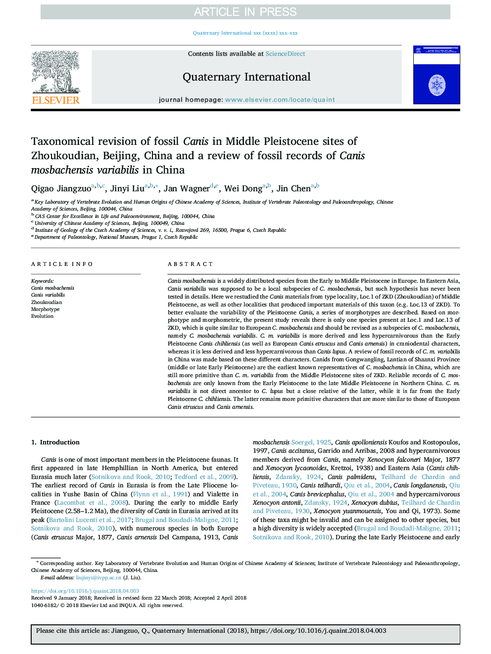 Taxonomical revision of fossil Canis in Middle Pleistocene sites of Zhoukoudian, Beijing, China and a review of fossil records of Canis mosbachensis variabilis in China