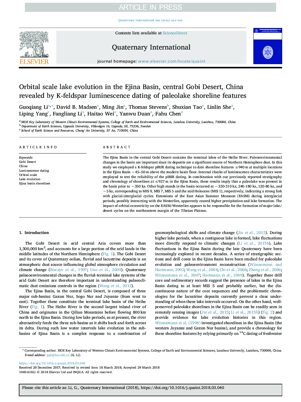 Orbital scale lake evolution in the Ejina Basin, central Gobi Desert, China revealed by K-feldspar luminescence dating of paleolake shoreline features