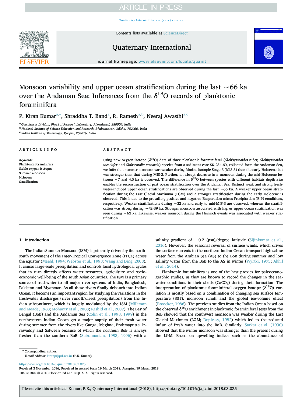 عکس صفحه اول مقاله: Monsoon variability and upper ocean stratification during the last â¼66 ka over the Andaman Sea: Inferences from the δ18O records of planktonic foraminifera Monsoon variability and upper ocean stratification during the last â¼66 ka over the Andaman Sea: Inferences from the δ18O records of planktonic foraminifera