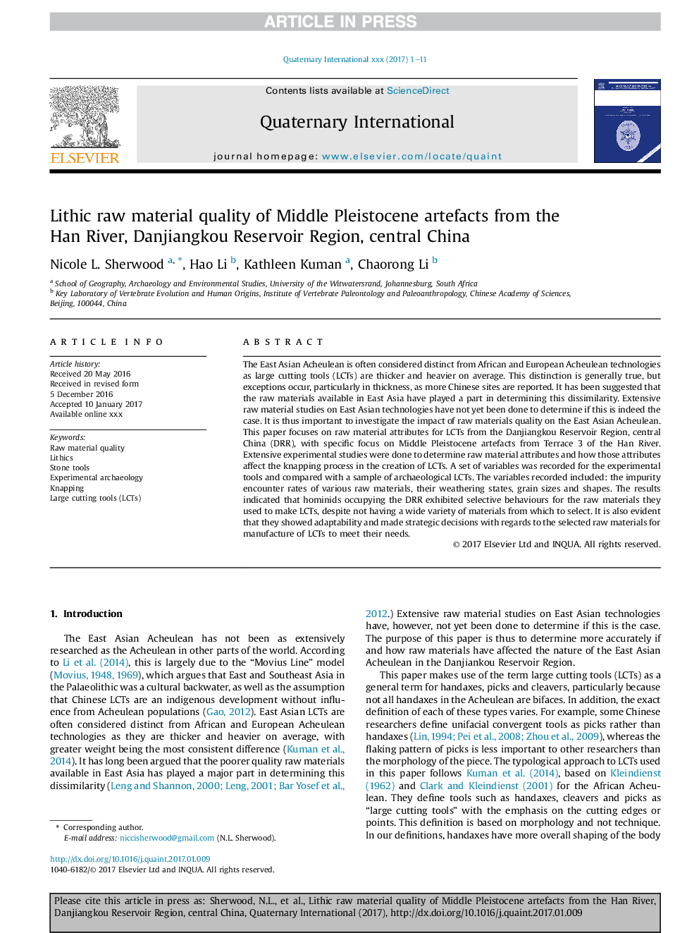 Lithic raw material quality of Middle Pleistocene artefacts from the Han River, Danjiangkou Reservoir Region, central China