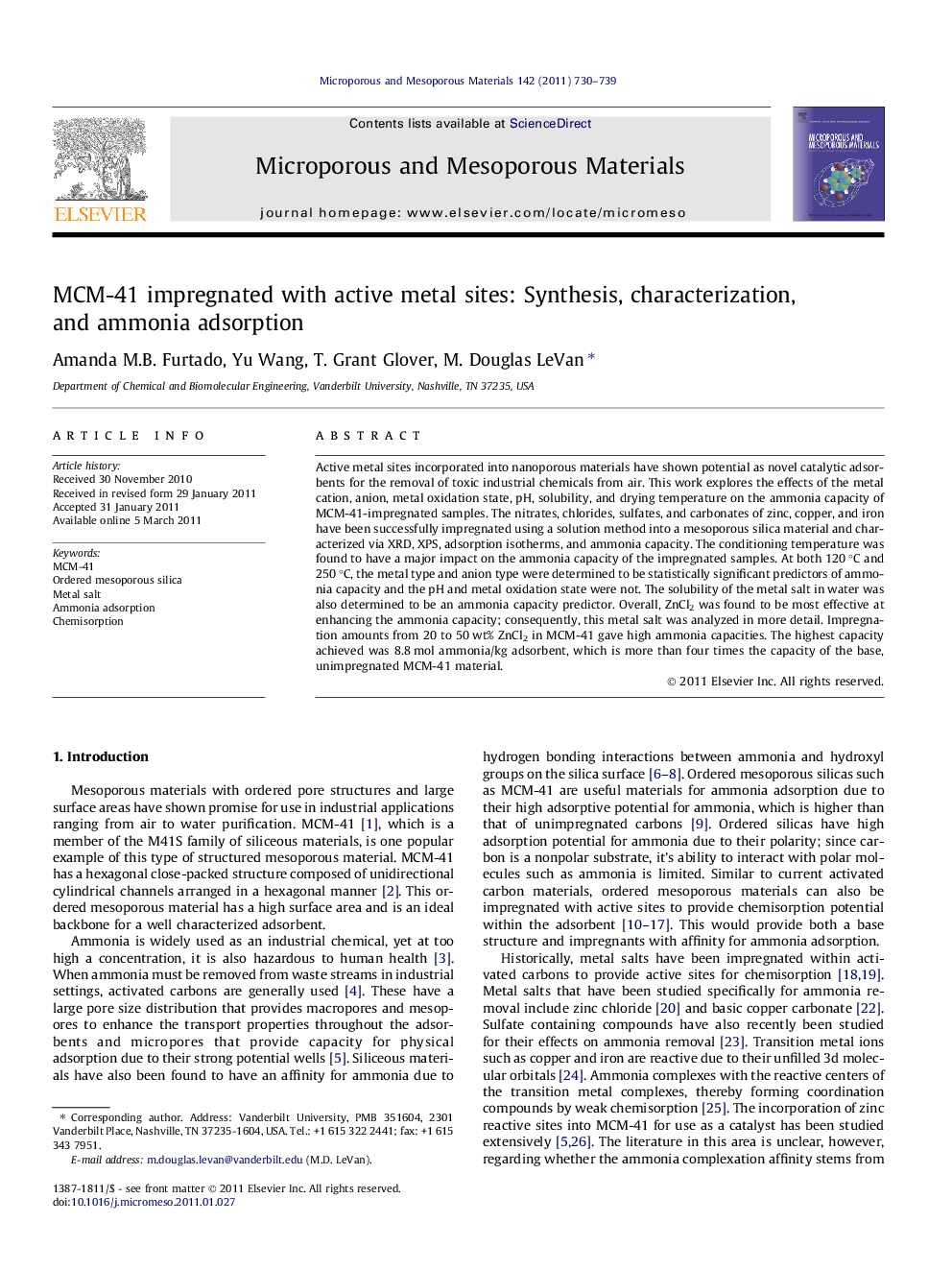 MCM-41 impregnated with active metal sites: Synthesis, characterization, and ammonia adsorption