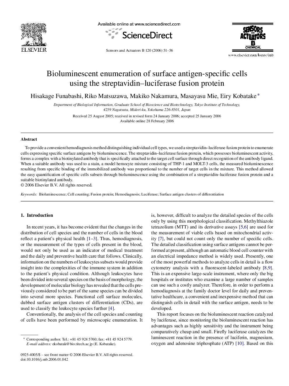 Bioluminescent enumeration of surface antigen-specific cells using the streptavidin–luciferase fusion protein