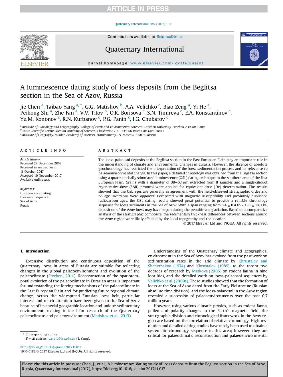 A luminescence dating study of loess deposits from the Beglitsa section in the Sea of Azov, Russia