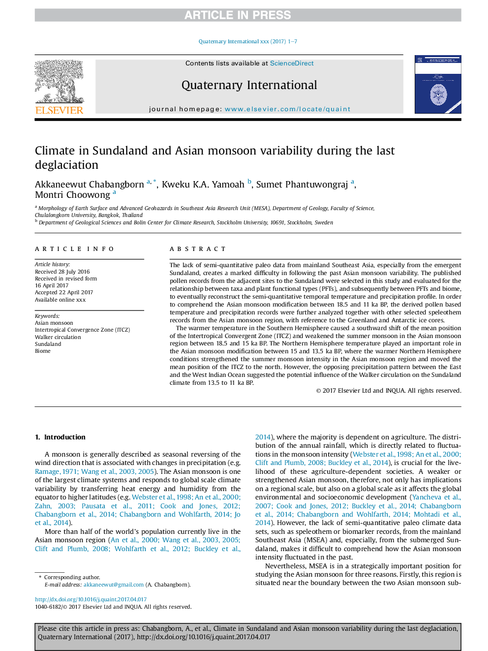 Climate in Sundaland and Asian monsoon variability during the last deglaciation