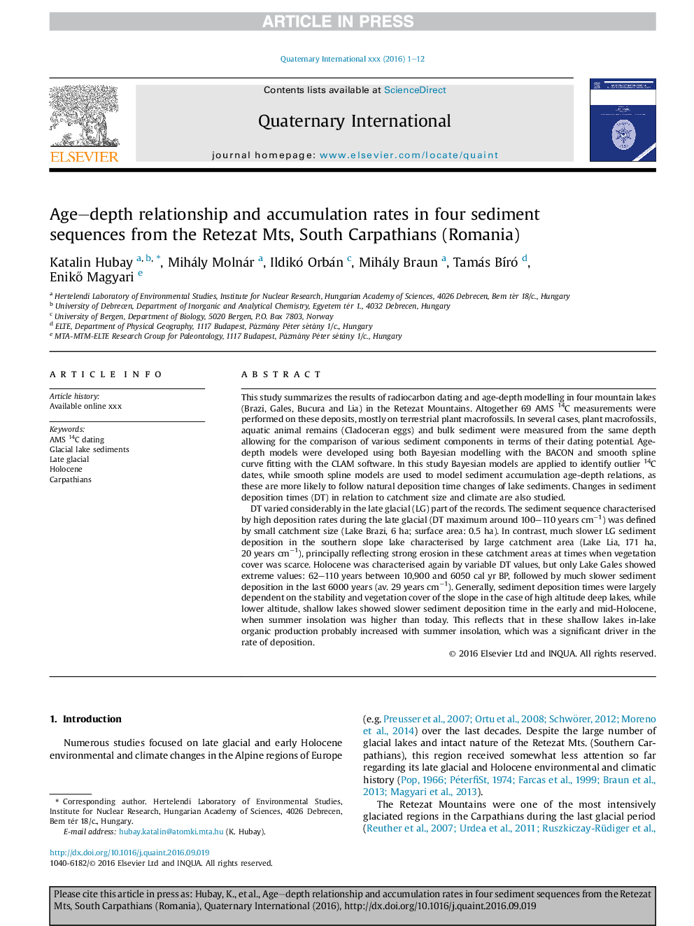 Age-depth relationship and accumulation rates in four sediment sequences from the Retezat Mts, South Carpathians (Romania)