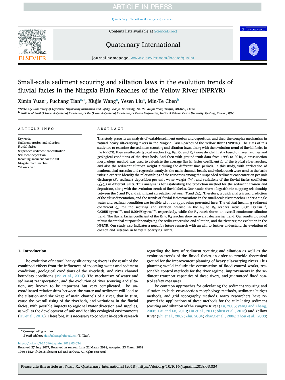 Small-scale sediment scouring and siltation laws in the evolution trends of fluvial facies in the Ningxia Plain Reaches of the Yellow River (NPRYR)