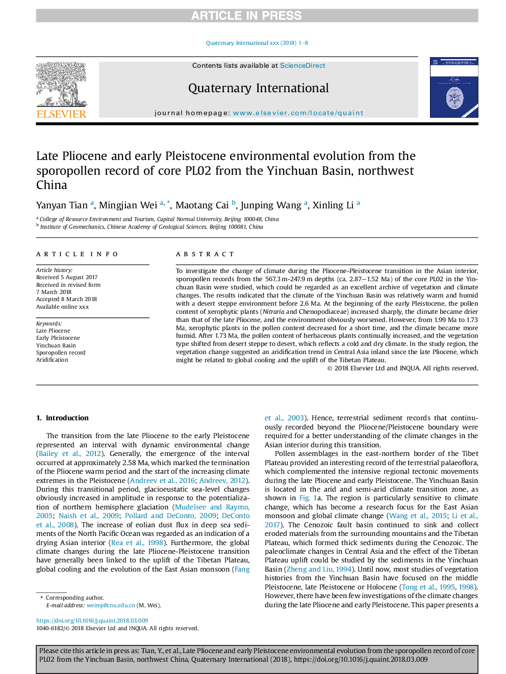 Late Pliocene and early Pleistocene environmental evolution from the sporopollen record of core PL02 from the Yinchuan Basin, northwest China