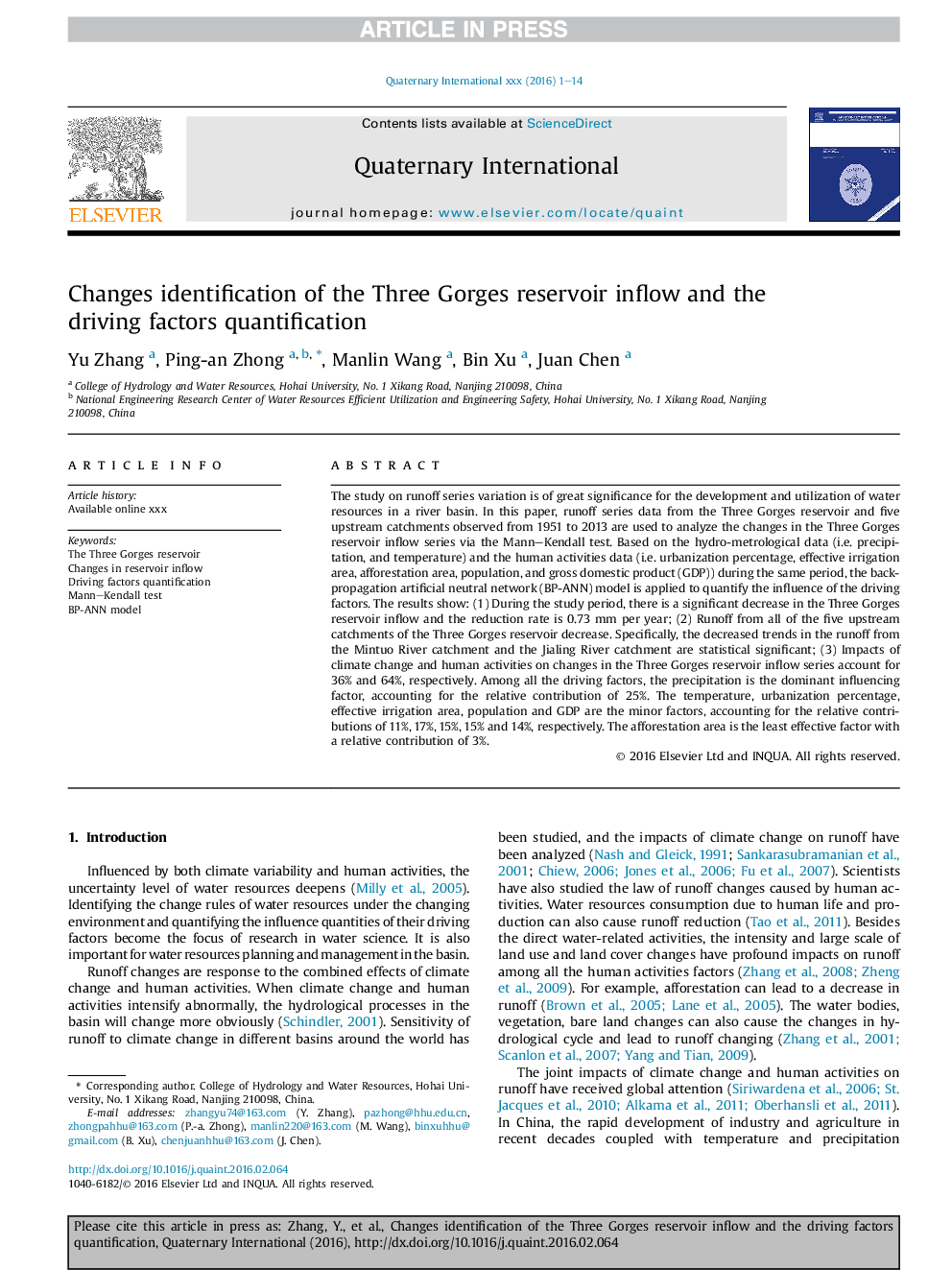 Changes identification of the Three Gorges reservoir inflow and the driving factors quantification