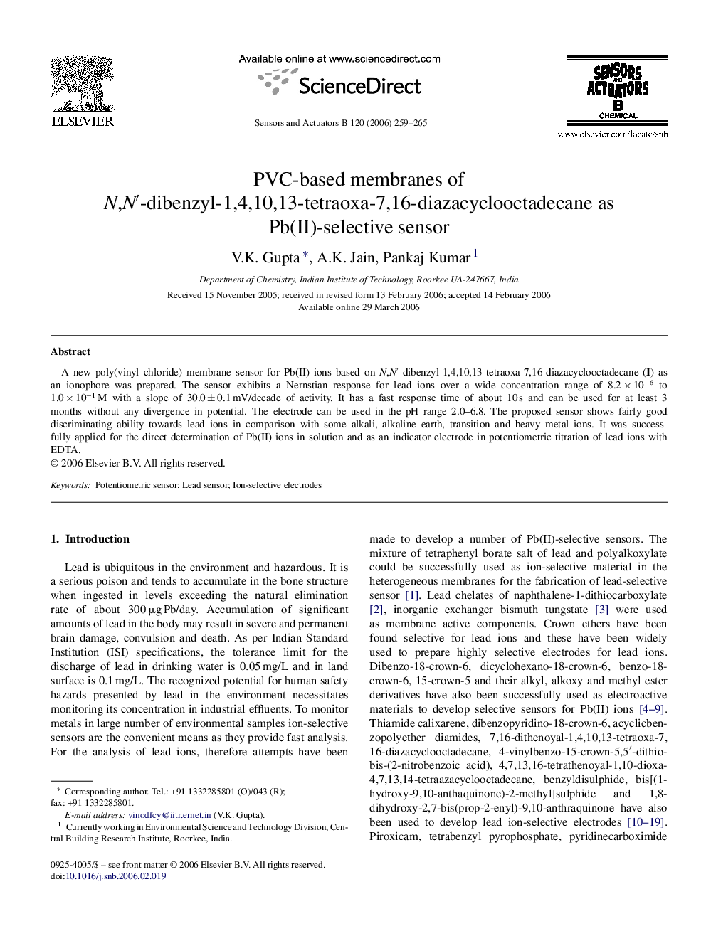 PVC-based membranes of N,N′-dibenzyl-1,4,10,13-tetraoxa-7,16-diazacyclooctadecane as Pb(II)-selective sensor