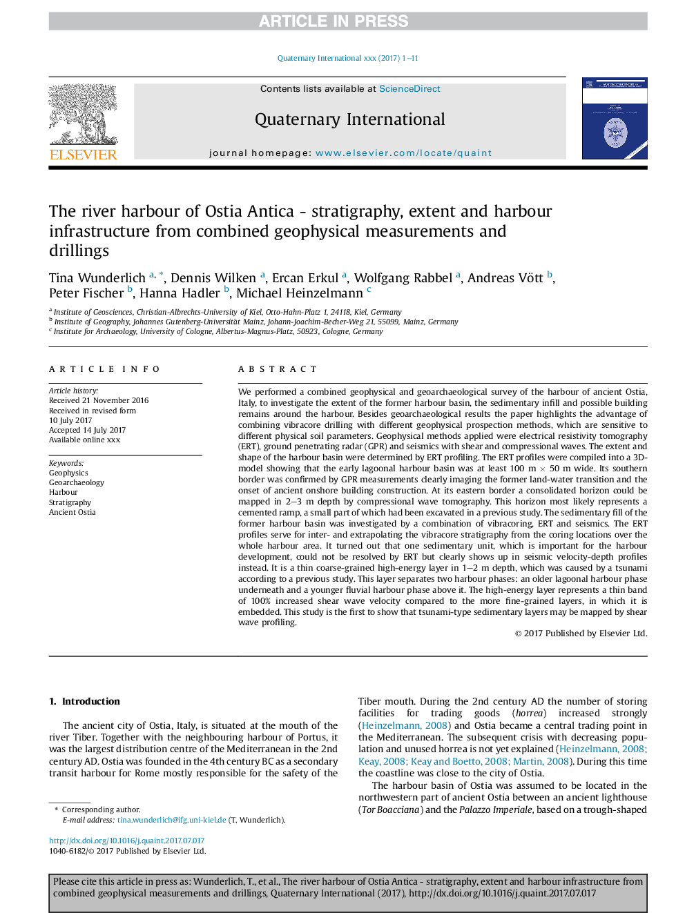 The river harbour of Ostia Antica - stratigraphy, extent and harbour infrastructure from combined geophysical measurements and drillings