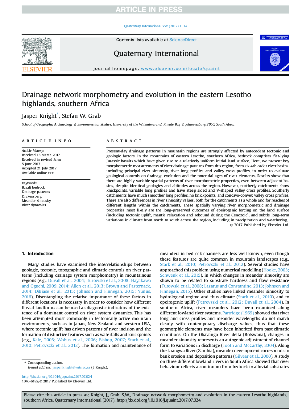 Drainage network morphometry and evolution in the eastern Lesotho highlands, southern Africa