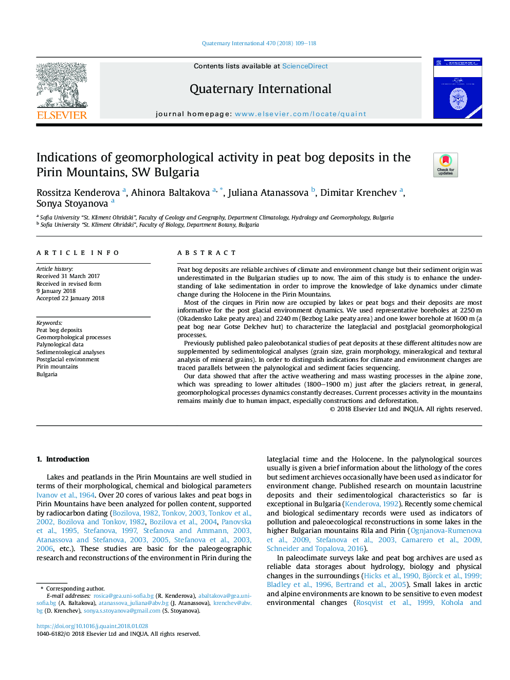 Indications of geomorphological activity in peat bog deposits in the Pirin Mountains, SW Bulgaria