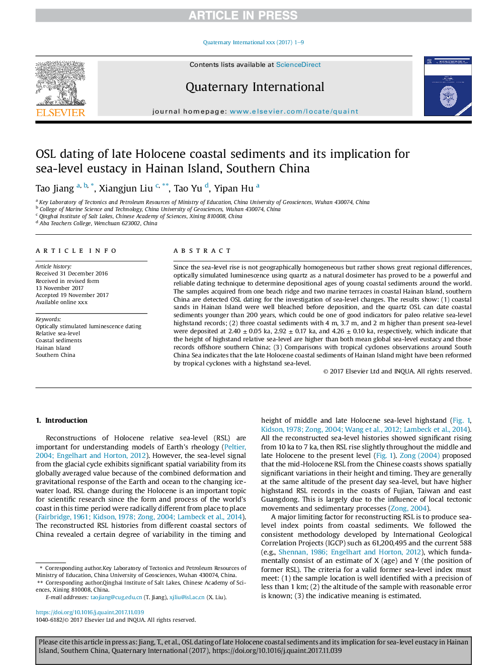 OSL dating of late Holocene coastal sediments and its implication for sea-level eustacy in Hainan Island, Southern China