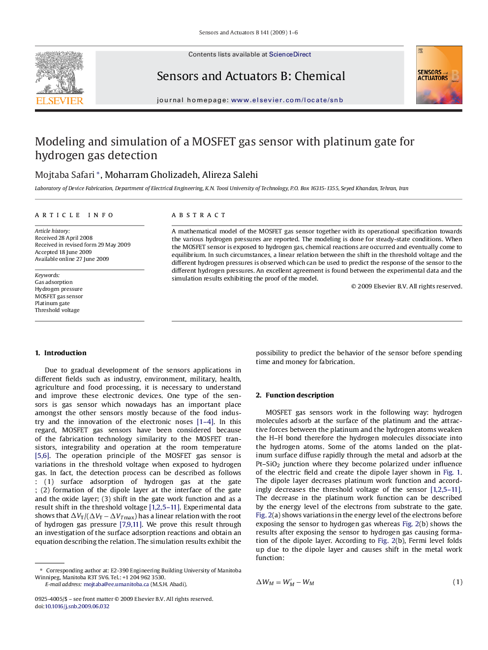 Modeling and simulation of a MOSFET gas sensor with platinum gate for hydrogen gas detection