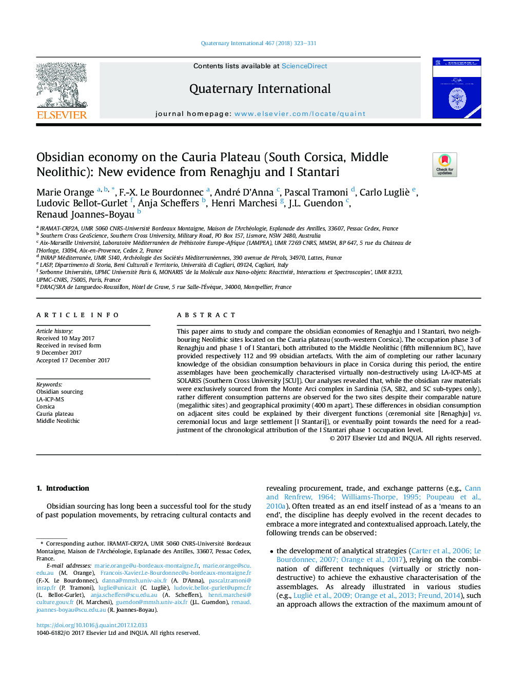 Obsidian economy on the Cauria Plateau (South Corsica, Middle Neolithic): New evidence from Renaghju and I Stantari