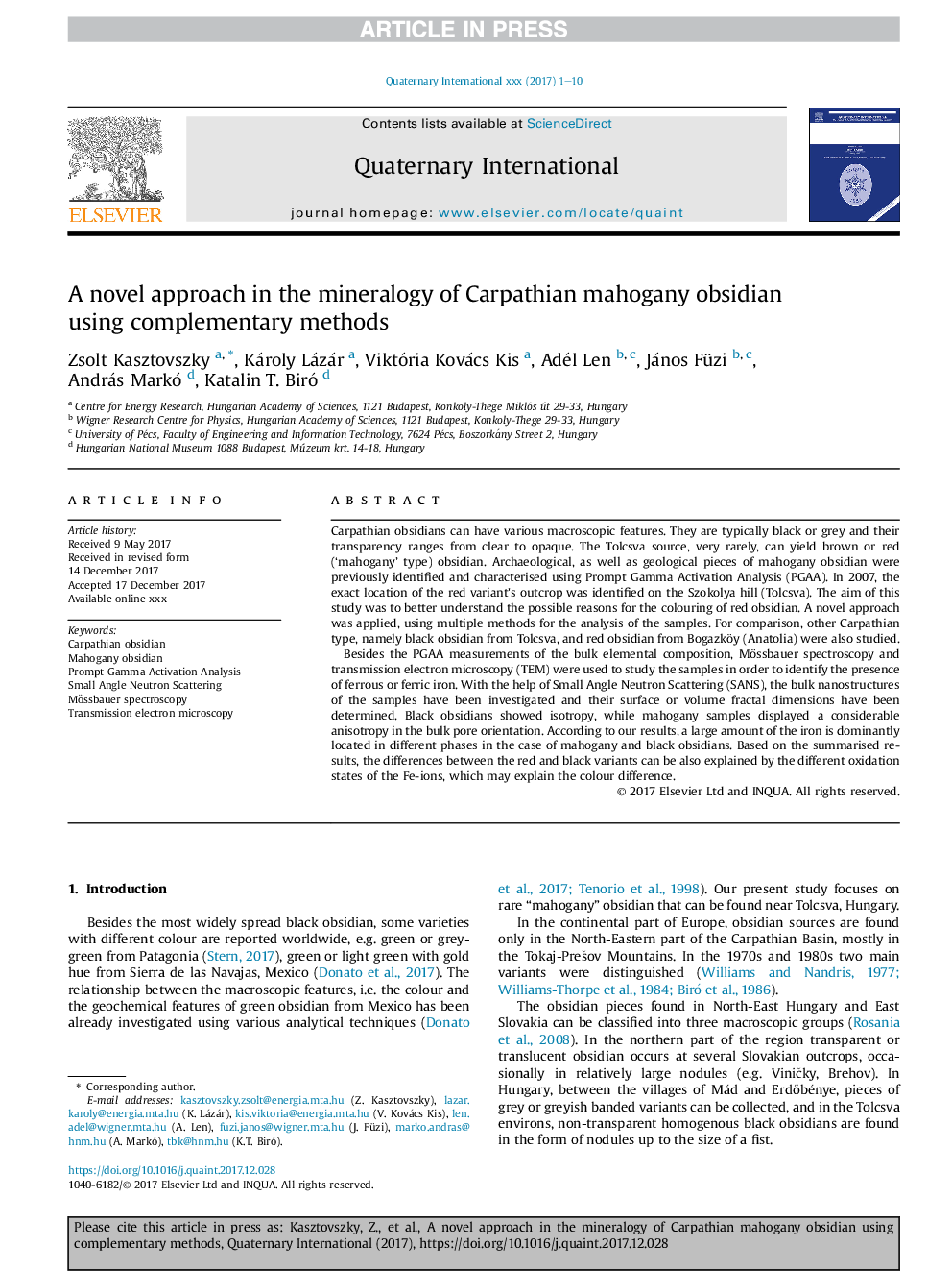 A novel approach in the mineralogy of Carpathian mahogany obsidian using complementary methods