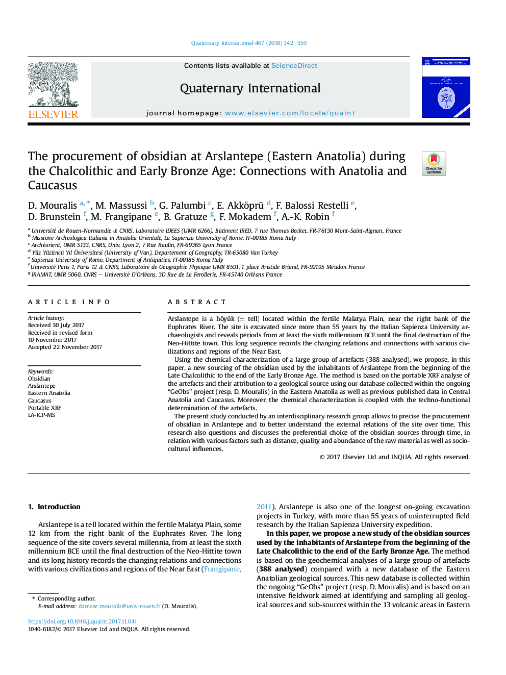 The procurement of obsidian at Arslantepe (Eastern Anatolia) during the Chalcolithic and Early Bronze Age: Connections with Anatolia and Caucasus