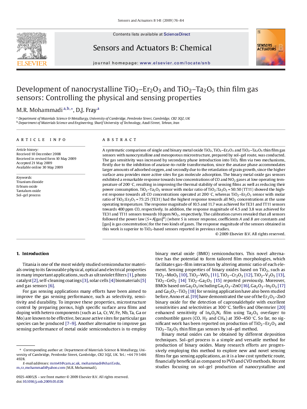 Development of nanocrystalline TiO2–Er2O3 and TiO2–Ta2O5 thin film gas sensors: Controlling the physical and sensing properties