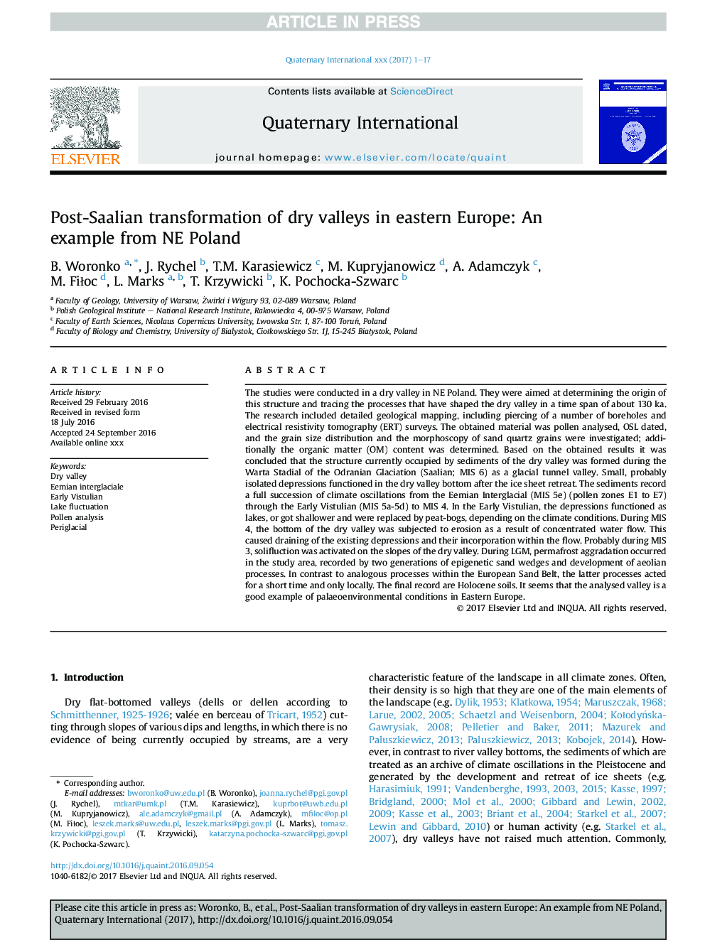 Post-Saalian transformation of dry valleys in eastern Europe: An example from NE Poland