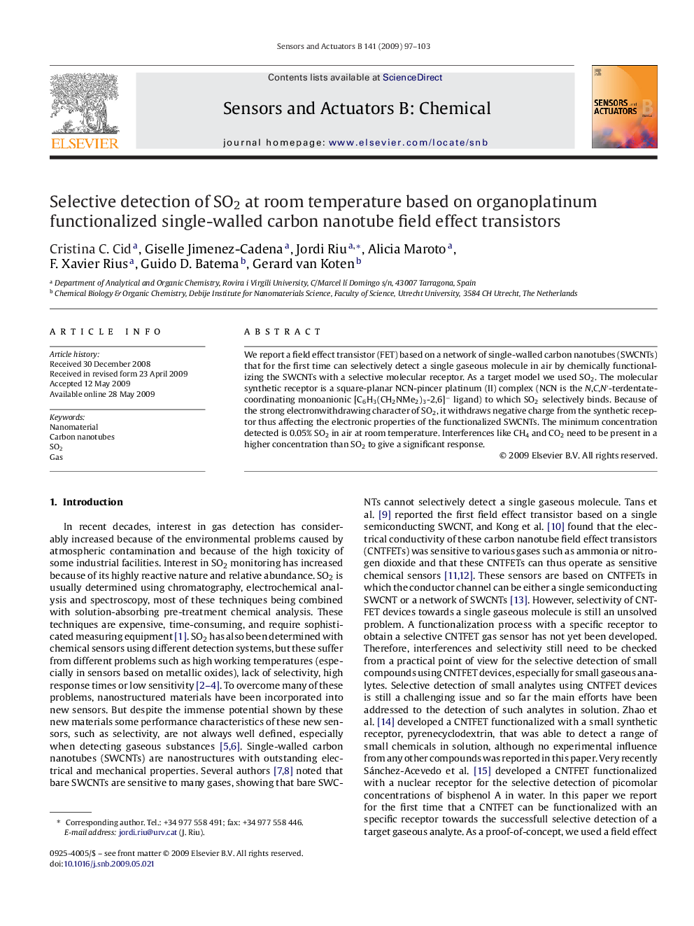 عکس صفحه اول مقاله: Selective detection of SO2 at room temperature based on organoplatinum functionalized single-walled carbon nanotube field effect transistors Selective detection of SO2 at room temperature based on organoplatinum functionalized single-walled carbon nanotube field effect transistors