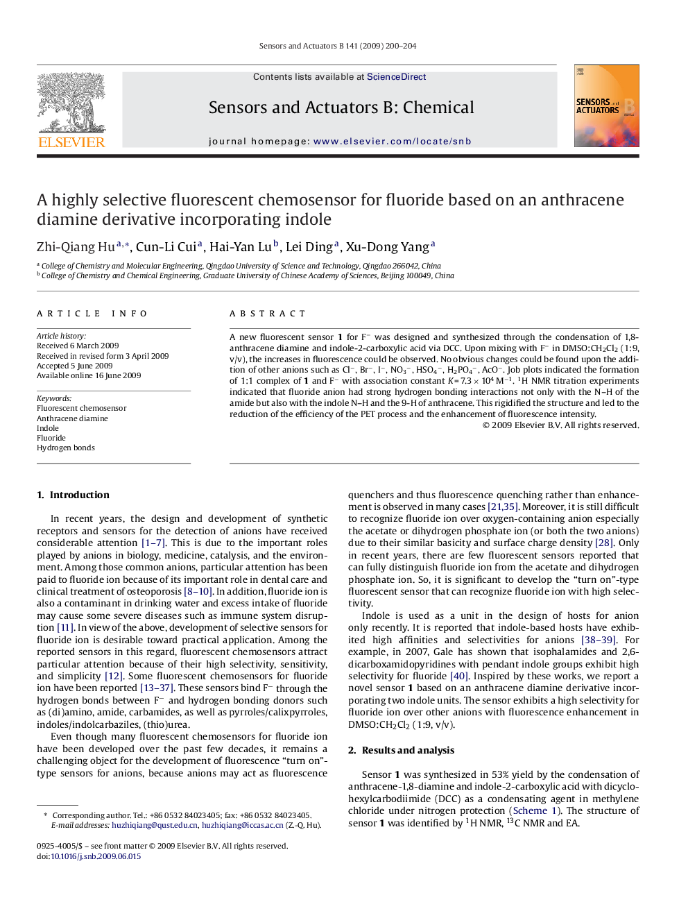 A highly selective fluorescent chemosensor for fluoride based on an anthracene diamine derivative incorporating indole