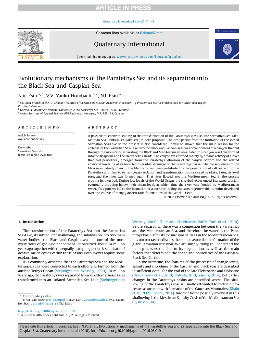 Evolutionary mechanisms of the Paratethys Sea and its separation into the Black Sea and Caspian Sea