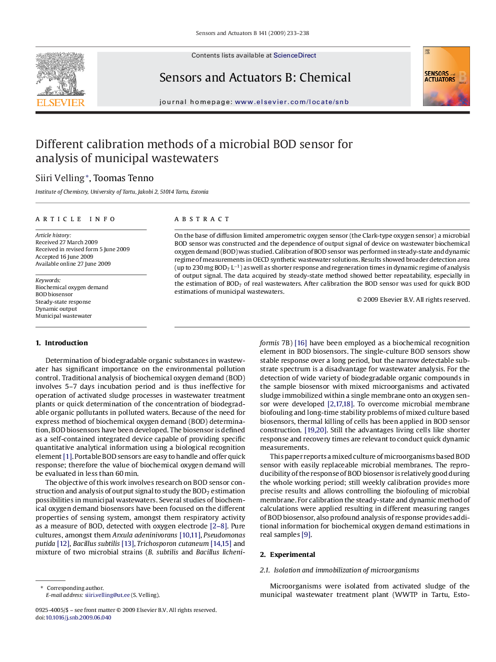 Different calibration methods of a microbial BOD sensor for analysis of municipal wastewaters