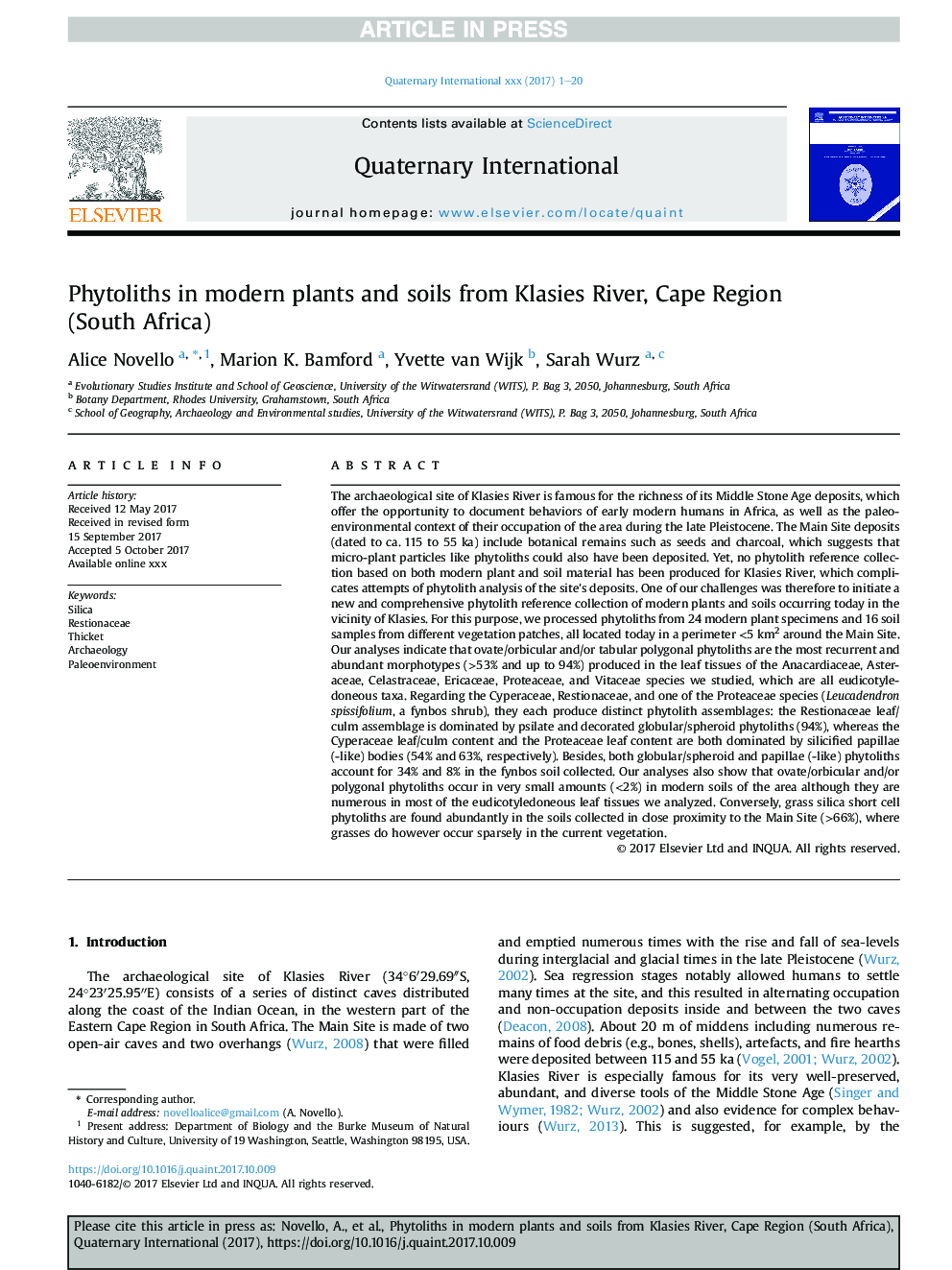 Phytoliths in modern plants and soils from Klasies River, Cape Region (South Africa)