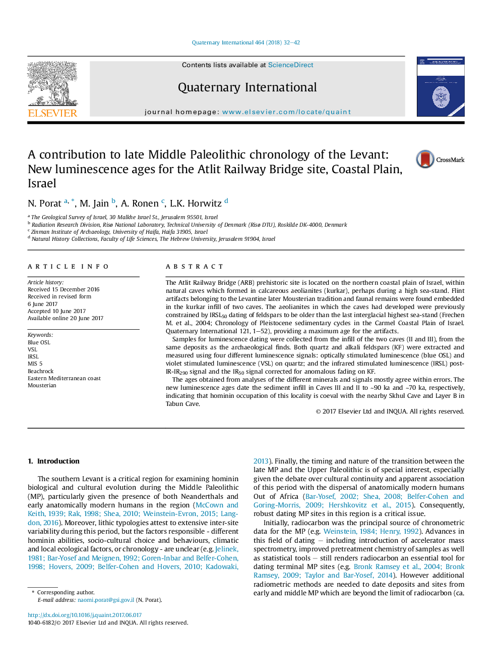 A contribution to late Middle Paleolithic chronology of the Levant: New luminescence ages for the Atlit Railway Bridge site, Coastal Plain, Israel