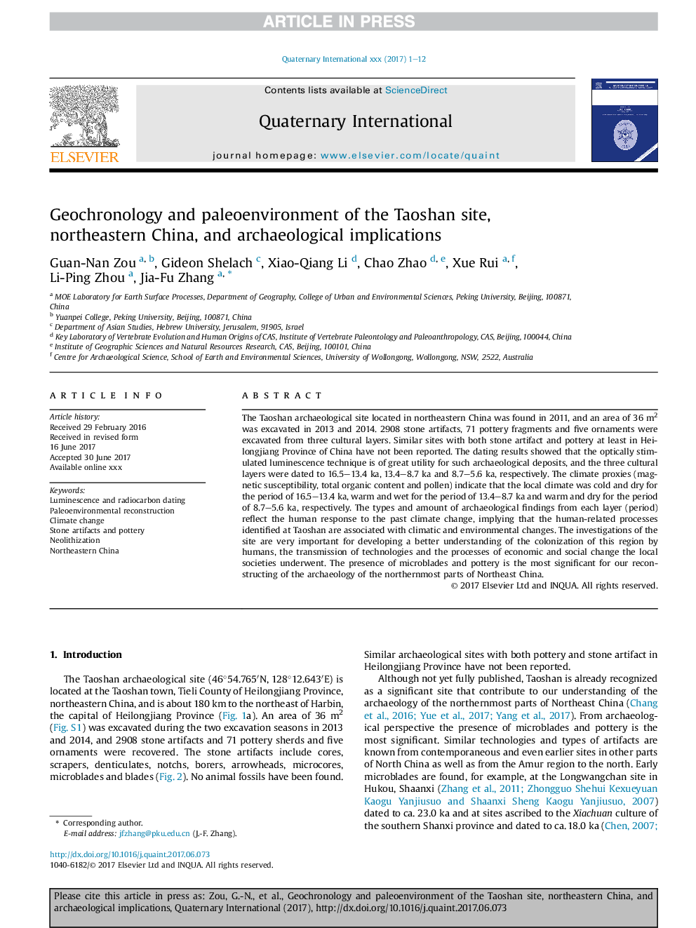 Geochronology and paleoenvironment of the Taoshan site, northeastern China, and archaeological implications