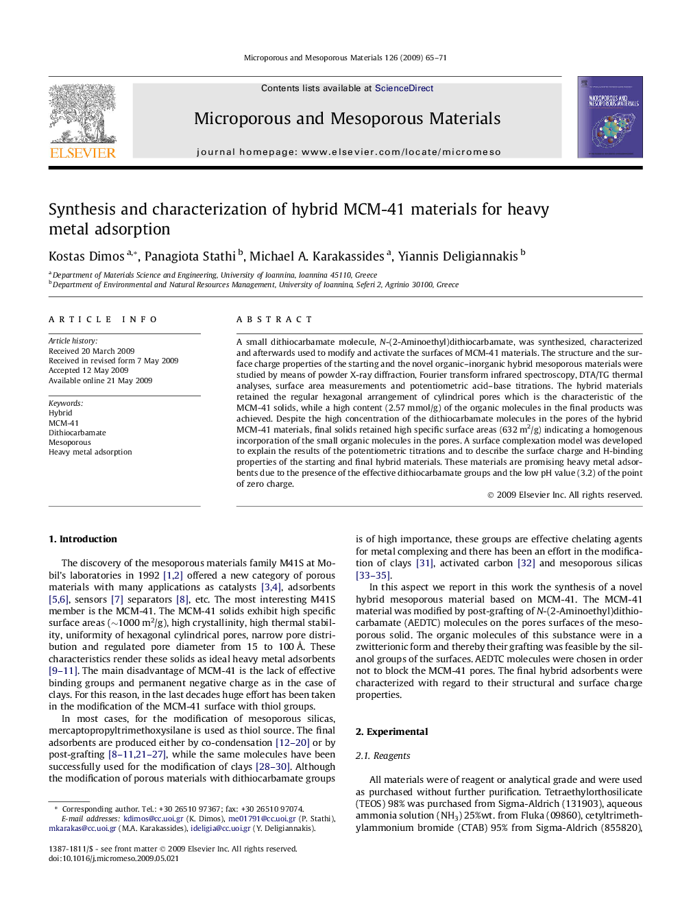 Synthesis and characterization of hybrid MCM-41 materials for heavy metal adsorption