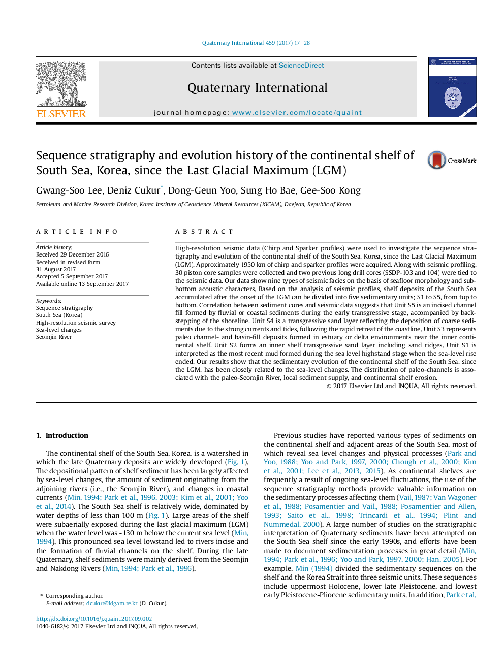 Sequence stratigraphy and evolution history of the continental shelf of South Sea, Korea, since the Last Glacial Maximum (LGM)