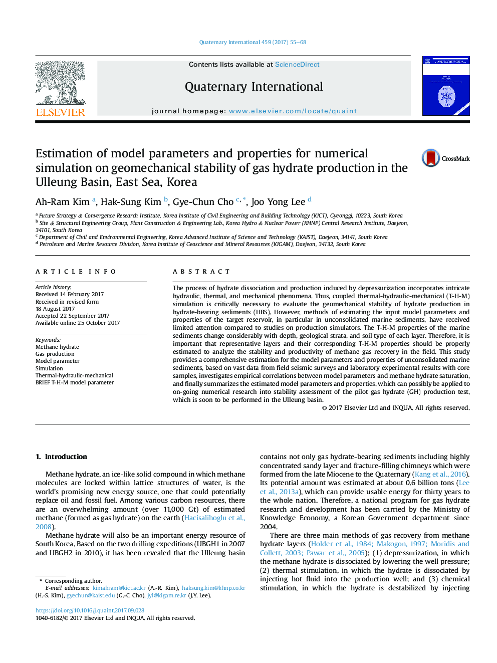 برآورد پارامترهای مدل و خواص برای شبیه سازی عددی بر پایداری ژئومکانیکی تولید هیدرات گاز در حوضه اوللیون، دریای شرق، کره 