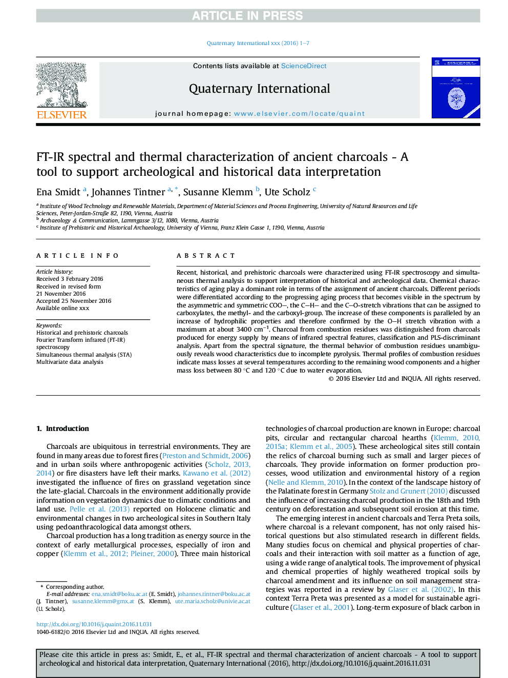 FT-IR spectral and thermal characterization of ancient charcoals - A tool to support archeological and historical data interpretation