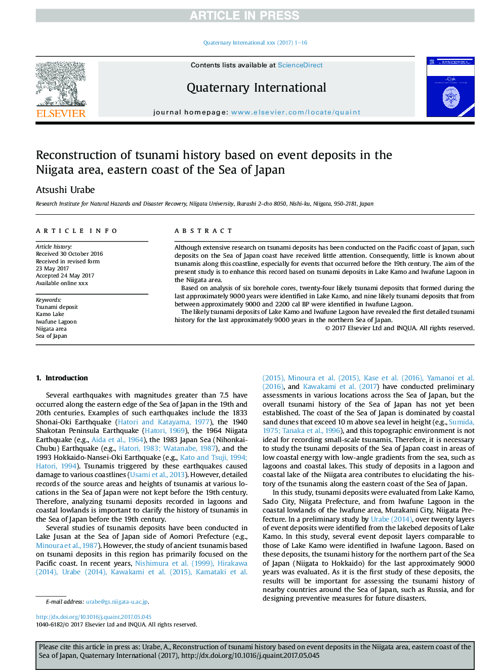 Reconstruction of tsunami history based on event deposits in the Niigata area, eastern coast of the Sea of Japan