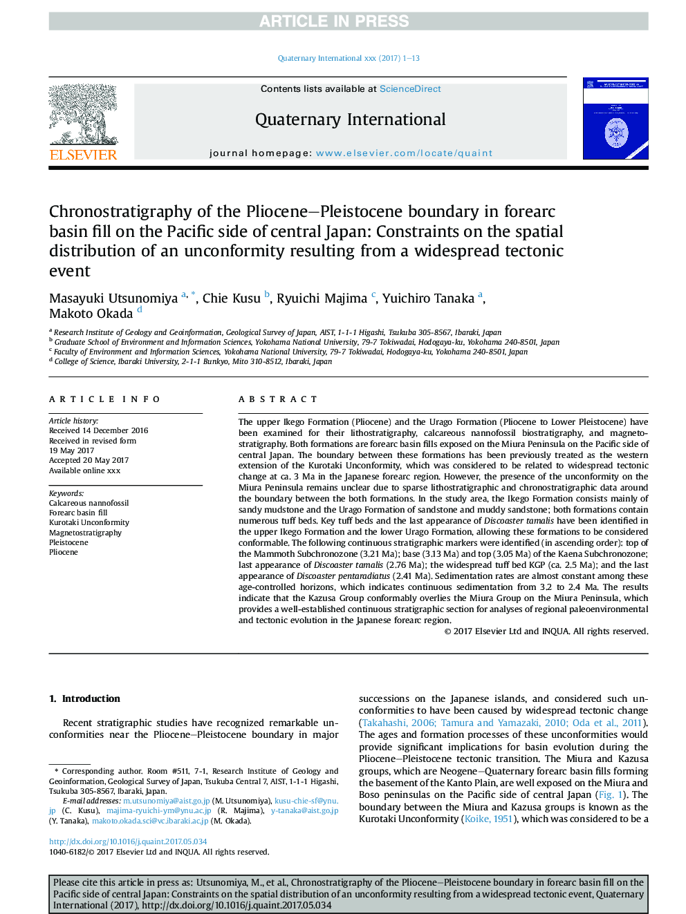 Chronostratigraphy of the Pliocene-Pleistocene boundary in forearc basin fill on the Pacific side of central Japan: Constraints on the spatial distribution of an unconformity resulting from a widespread tectonic event