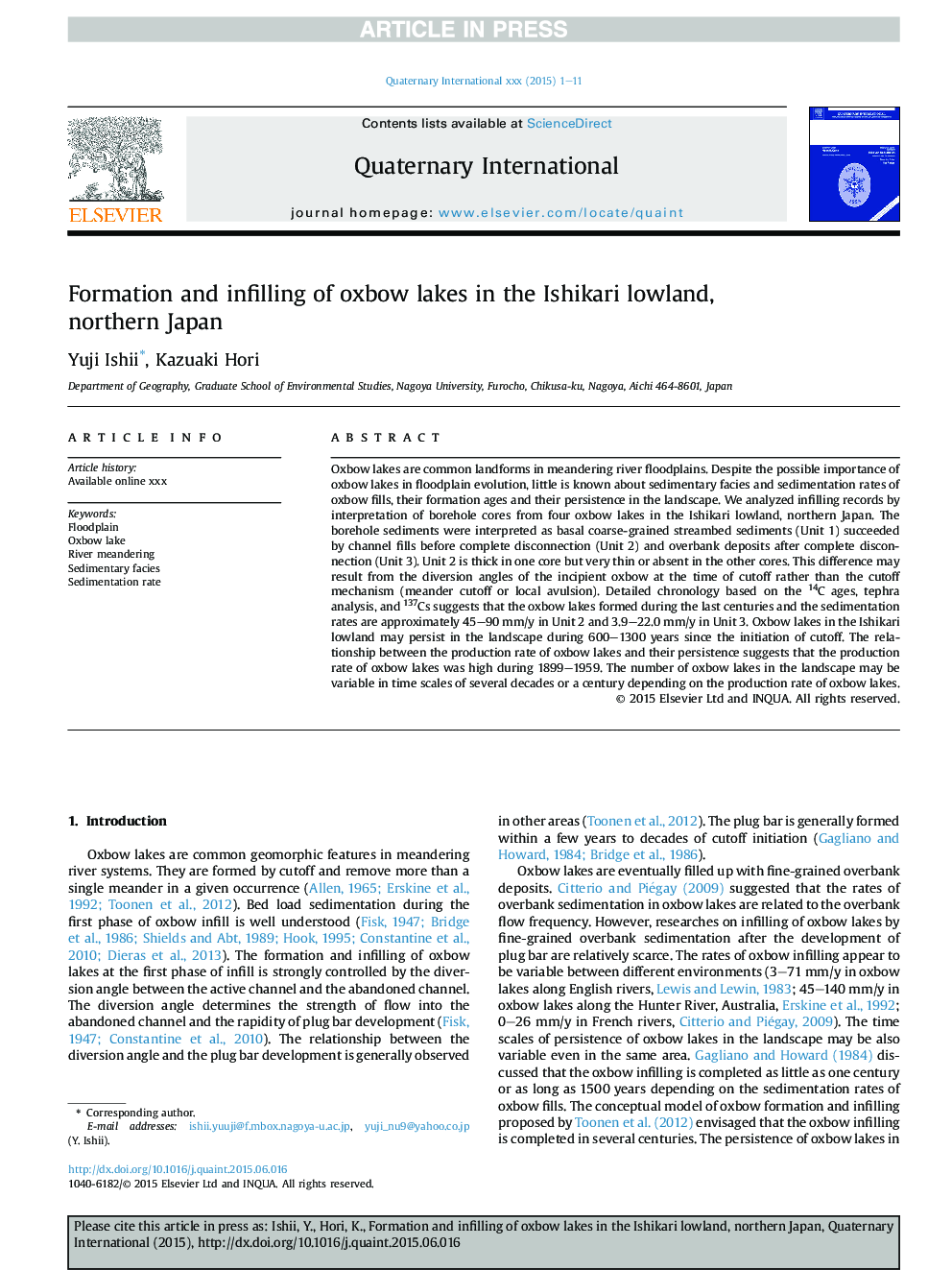 Formation and infilling of oxbow lakes in the Ishikari lowland, northern Japan