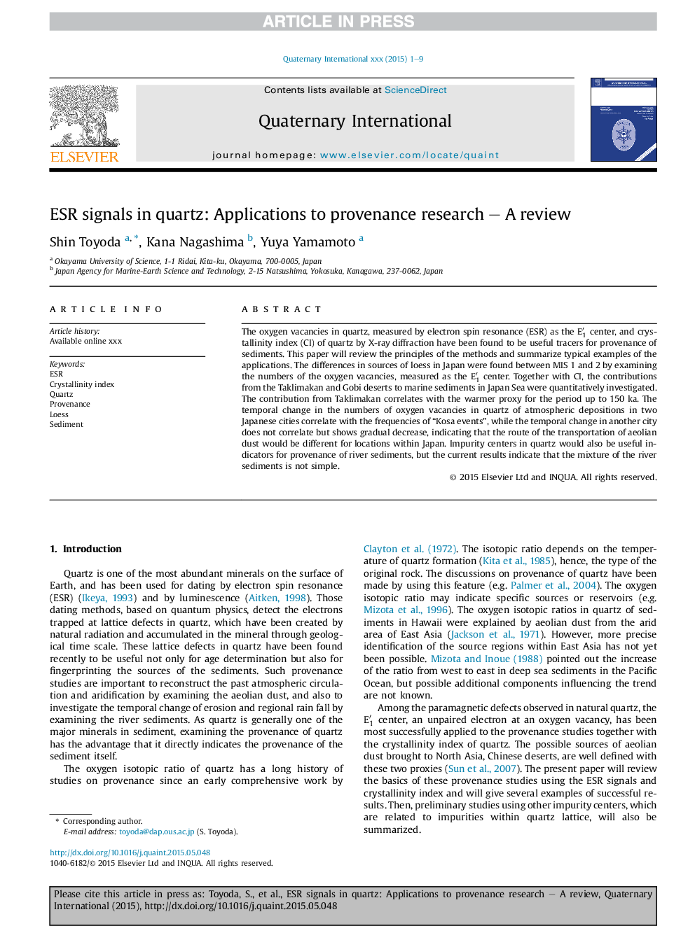 ESR signals in quartz: Applications to provenance research - A review