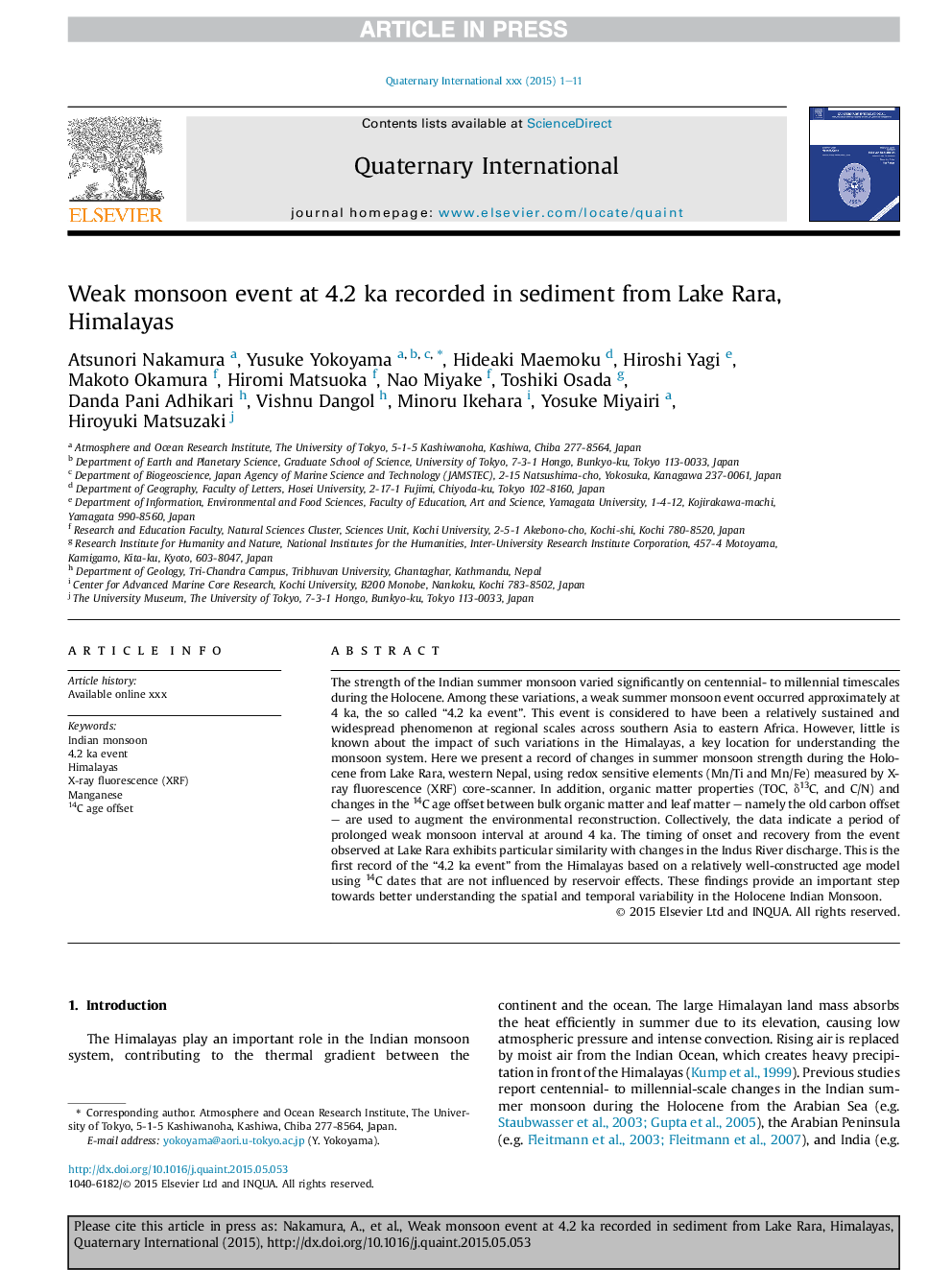 Weak monsoon event at 4.2Â ka recorded in sediment from Lake Rara, Himalayas