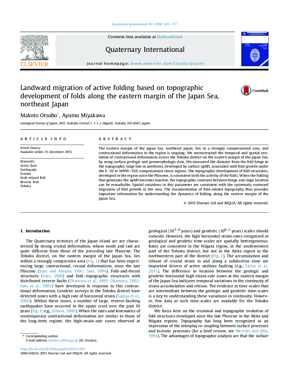 Landward migration of active folding based on topographic development of folds along the eastern margin of the Japan Sea, northeast Japan