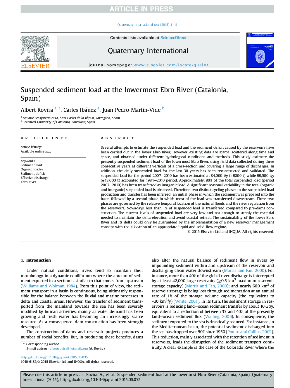 Suspended sediment load at the lowermost Ebro River (Catalonia, Spain)